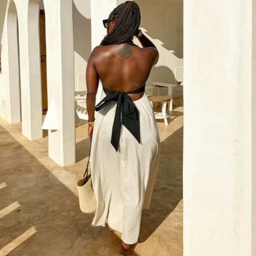 African Fashion Sexy Backless Color Block Sleeveless Long Flared Dress